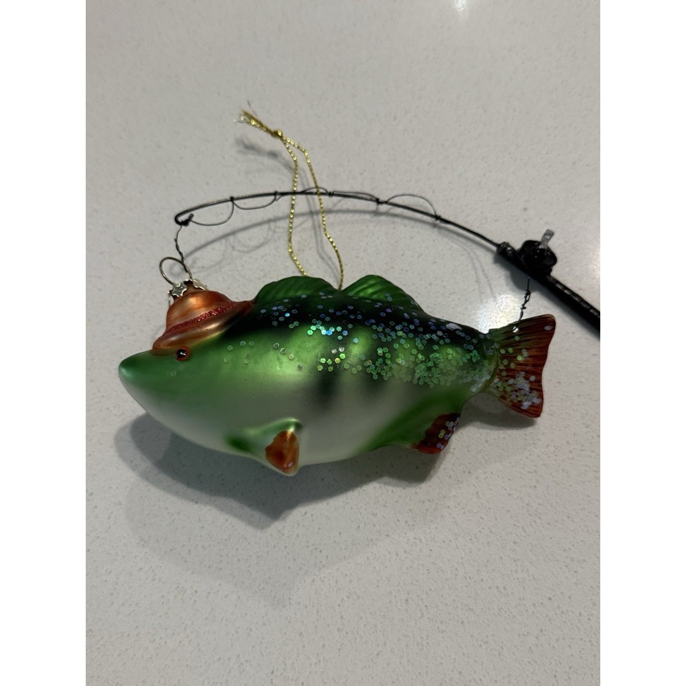 Bass Green Fish on A Line Fishing Rod Christmas Ornament Handblown Glass